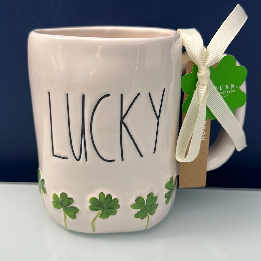 Rae Dunn Pink 'LUCKY' Mug with Green Shamrock Accents